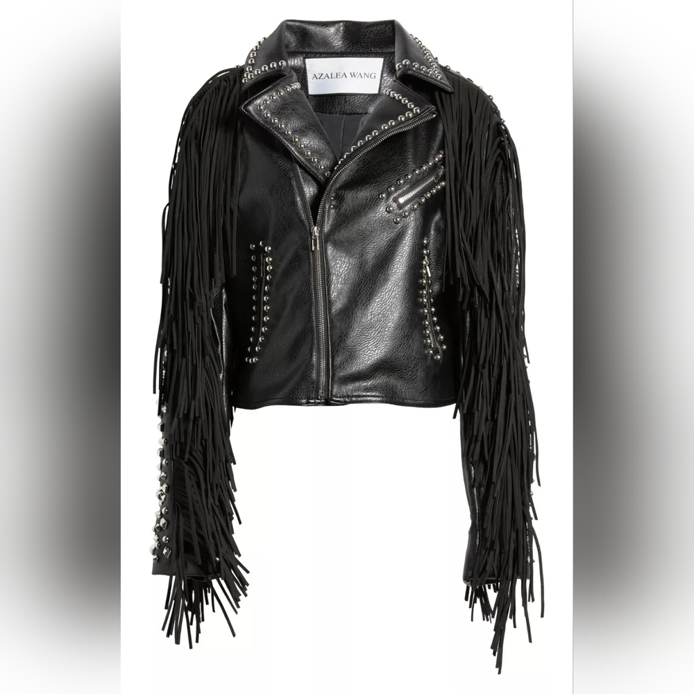 ~SOLD~ Dolls Kill Black Studded AZALEA WANG Ryder Fringe Faux Leather Jacket M - Picture 5 of 16